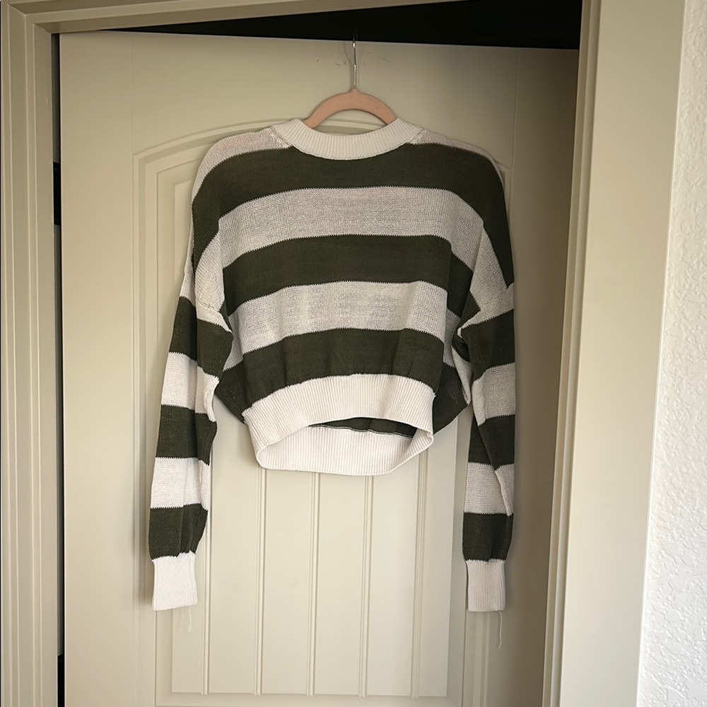 Madewell Green and White Striped Crew Neck Sweater